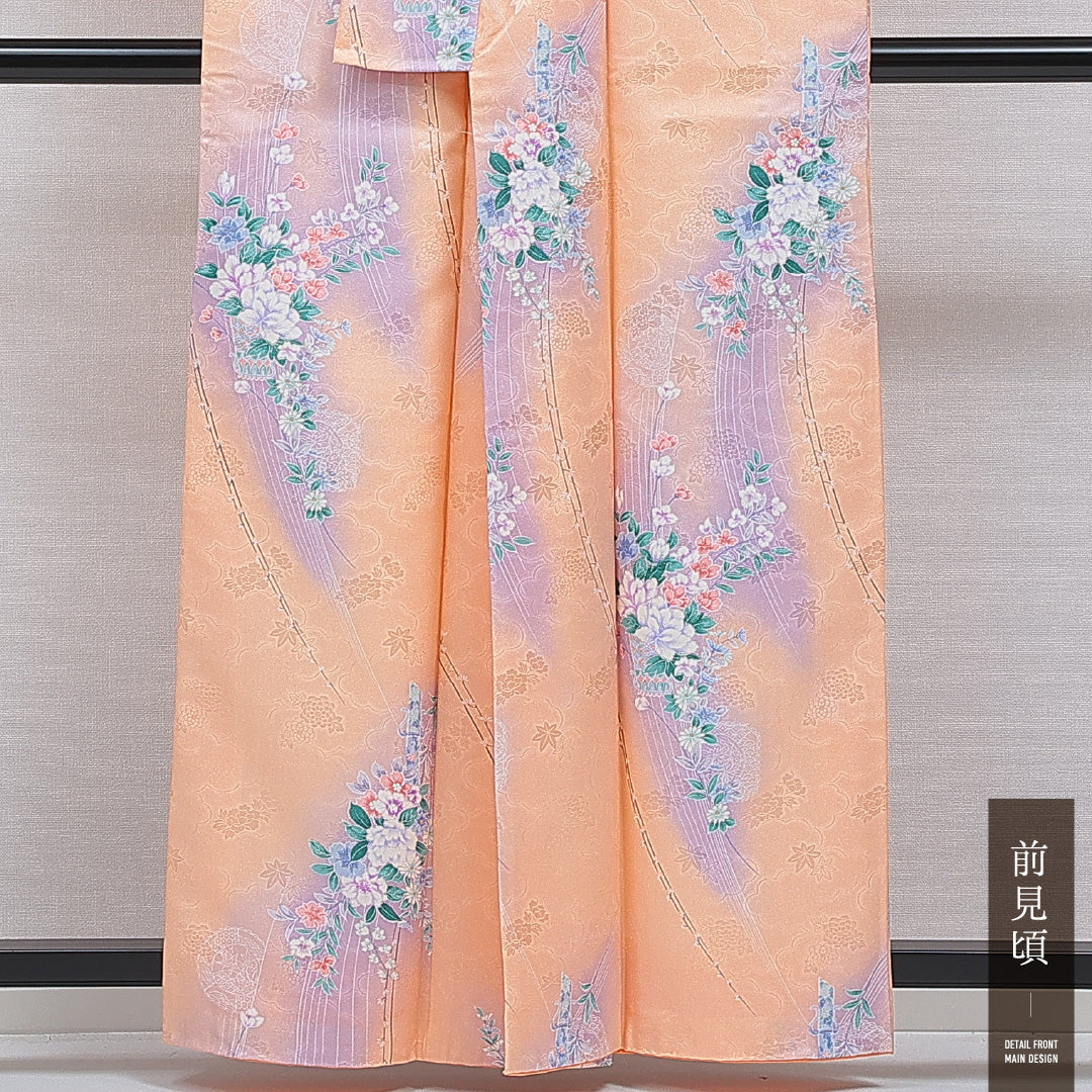 洗える着物 小紋 袷 身丈158cm 裄丈62cm ポリエステル Aランク インフォーマル 広衿 Mサイズ 雲取り 牡丹 朱系 RP 1221-16107