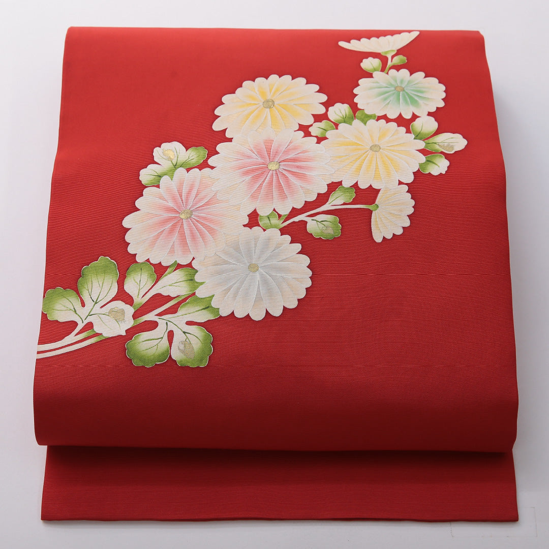 九寸名古屋帯 帯丈358cm セミフォーマル 名古屋仕立て ポイント柄 Aランク 正絹 染め帯 塩瀬 菊 赤系 1224-03514