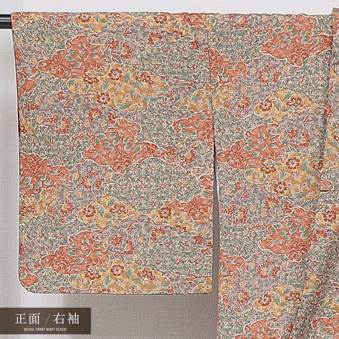 小紋 洗える着物 袷 身丈165cm 裄丈67cm ポリエステル Sランク XLサイズ 広衿 インフォーマル 花柄 多色系 茶系 1215-15799