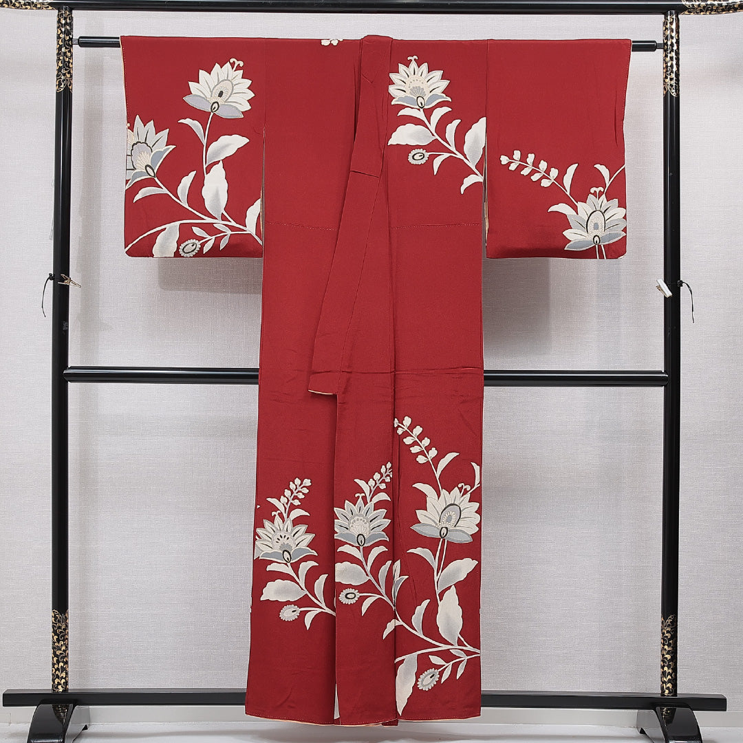 付下げ 袷 身丈156cm 裄丈63cm 正絹 Sランク インフォーマル バチ衿 Mサイズ 植物柄 赤系 RP 1218-15507