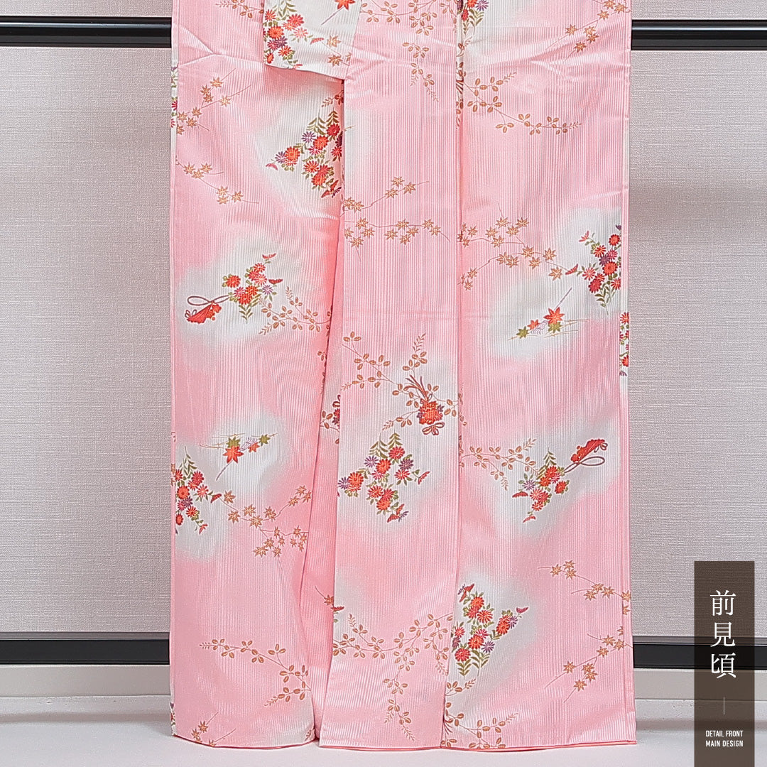 小紋 洗える着物 袷 身丈162cm 裄丈65cm ポリエステル Cランク Lサイズ 広衿 インフォーマル 菊 紅葉 ピンク系 1215-16054