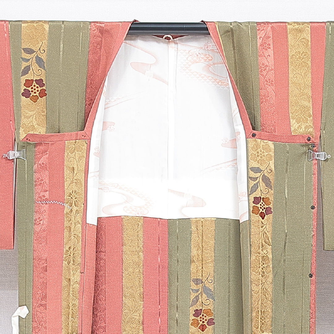 道行コート 袷 身丈91cm 裄丈65cm 正絹 Sランク カジュアル Mサイズ 織り出し ポケットあり 花柄 緑系 RP 1237-16804