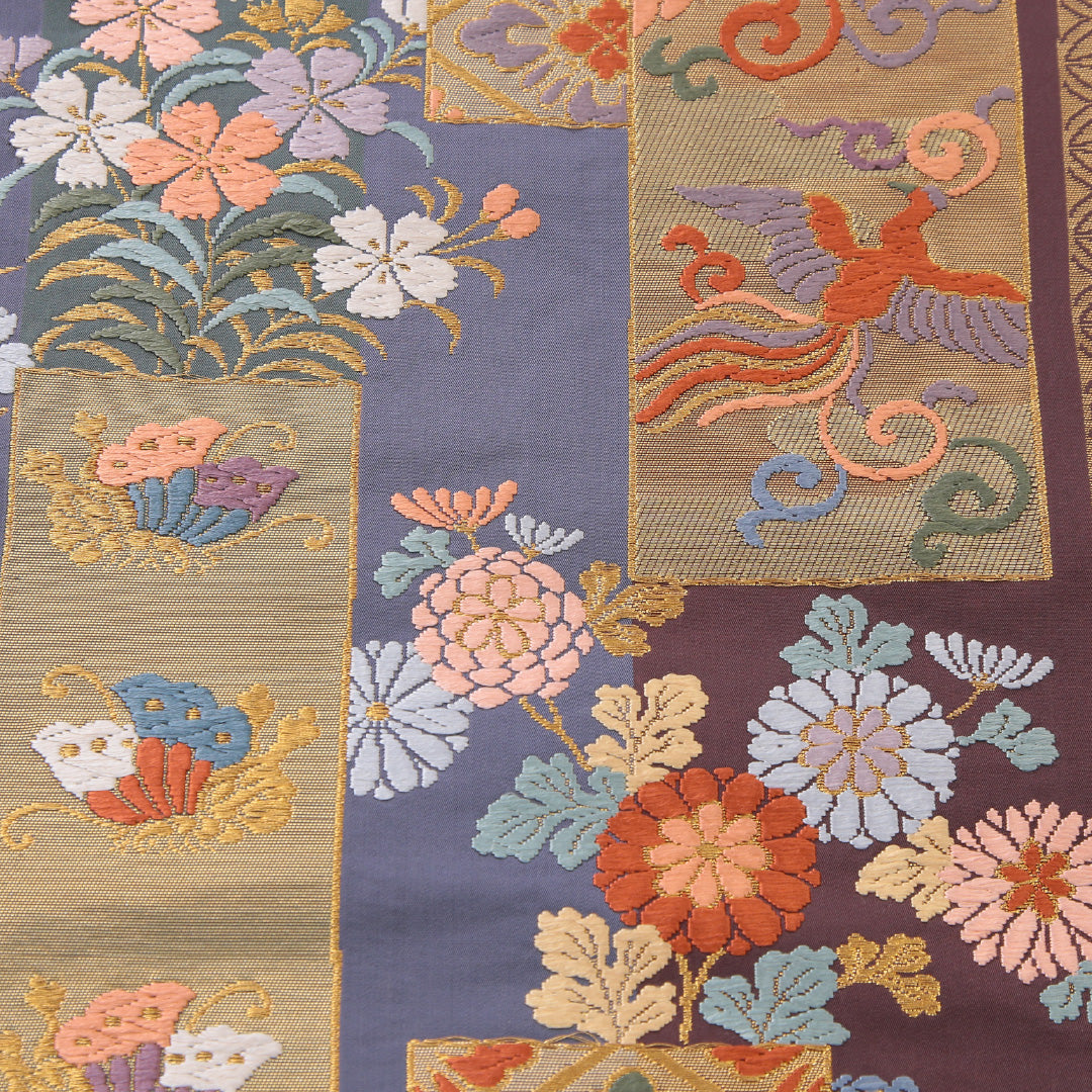 袋帯 帯丈432cm 正絹 六通 帯芯なし フォーマル 裂取り 鳳凰 吉祥文様 グレー系 1243-02202