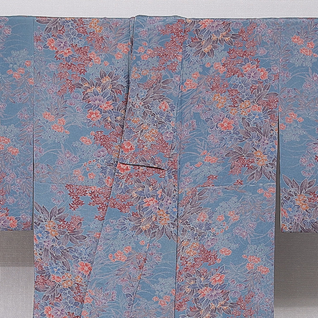 小紋 袷 身丈154cm 裄丈63cm 正絹 Sランク インフォーマル 広衿 Sサイズ 桜 紅葉 青系 RP 1221-15597