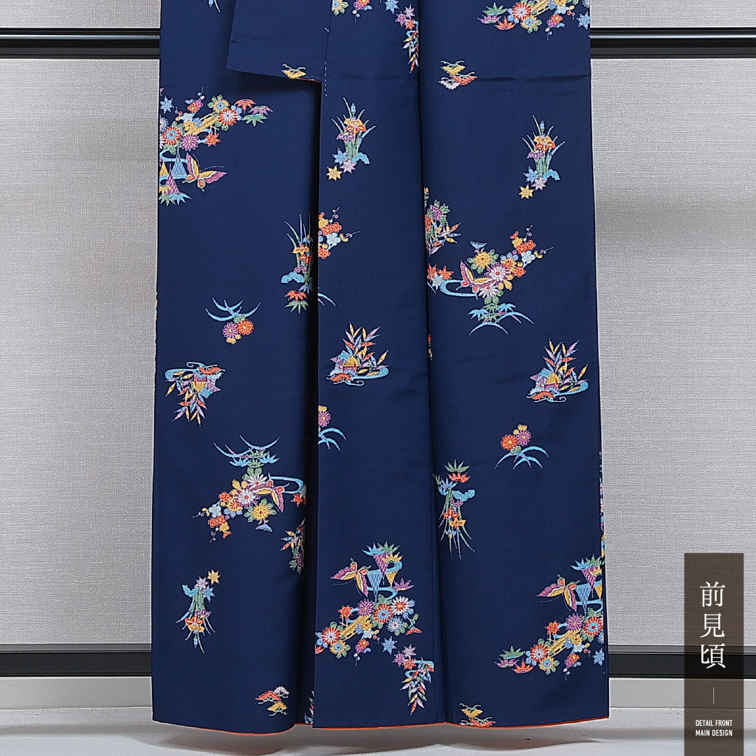 洗える着物 小紋 袷 身丈159cm 裄丈62cm ポリエステル Sランク インフォーマル 広衿 Mサイズ 茶屋辻 紺系 RP 1221-16089