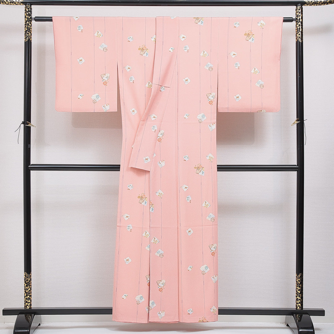 洗える着物 小紋 袷 身丈158cm 裄丈62cm ポリエステル Sランク インフォーマル 広衿 Mサイズ 梅 ピンク系 RP 1221-16254