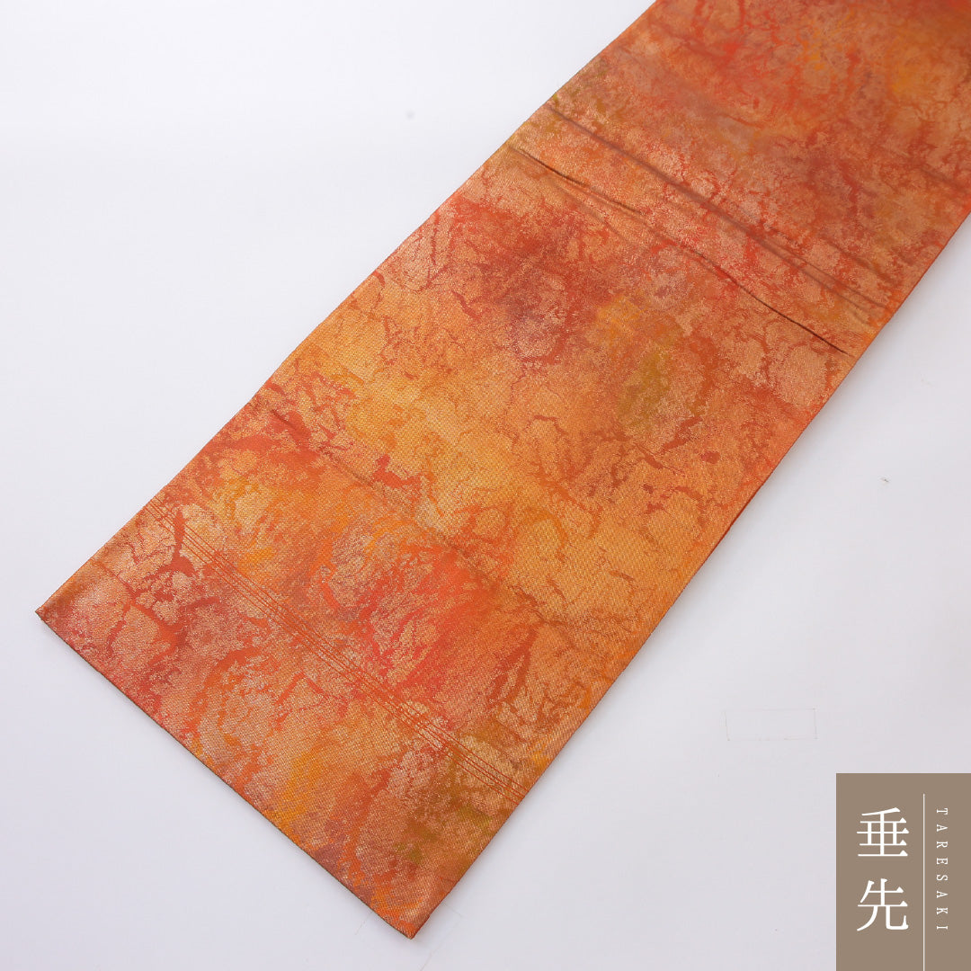 袋帯 帯丈424cm 正絹 ポイント柄 帯芯なし フォーマル 孔雀 鏡裏文 朱系 1243-02212
