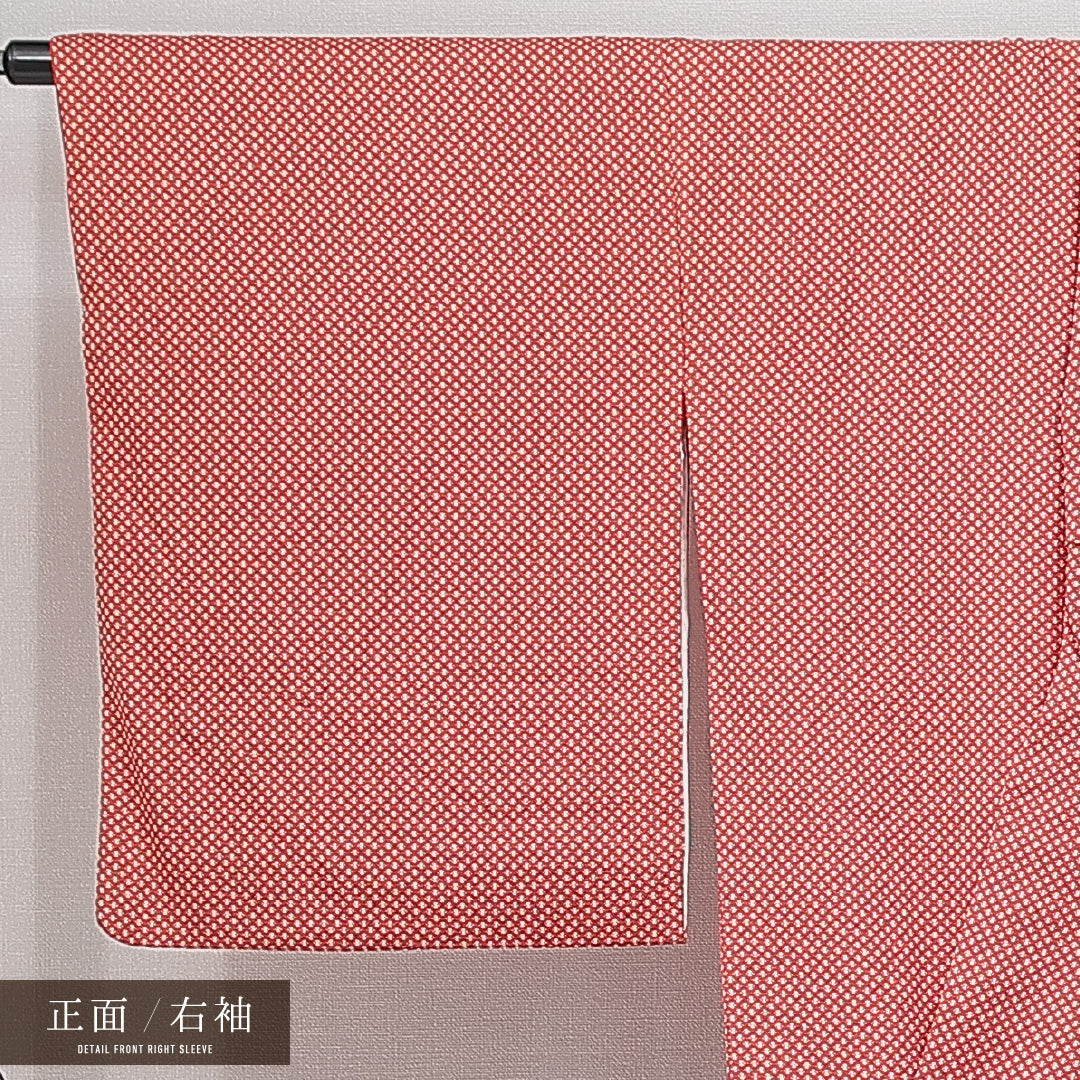 洗える着物 小紋 袷 身丈151cm 裄丈67cm ポリエステル Aランク インフォーマル 広衿 Sサイズ 創作柄 朱系 HP 1221-14785