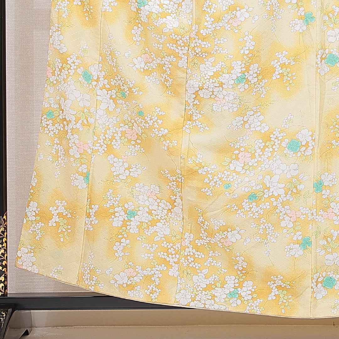 小紋 袷 身丈159cm 裄丈64cm 正絹 Cランク インフォーマル 広衿 Mサイズ 花柄 黄系 HP 1221-15097