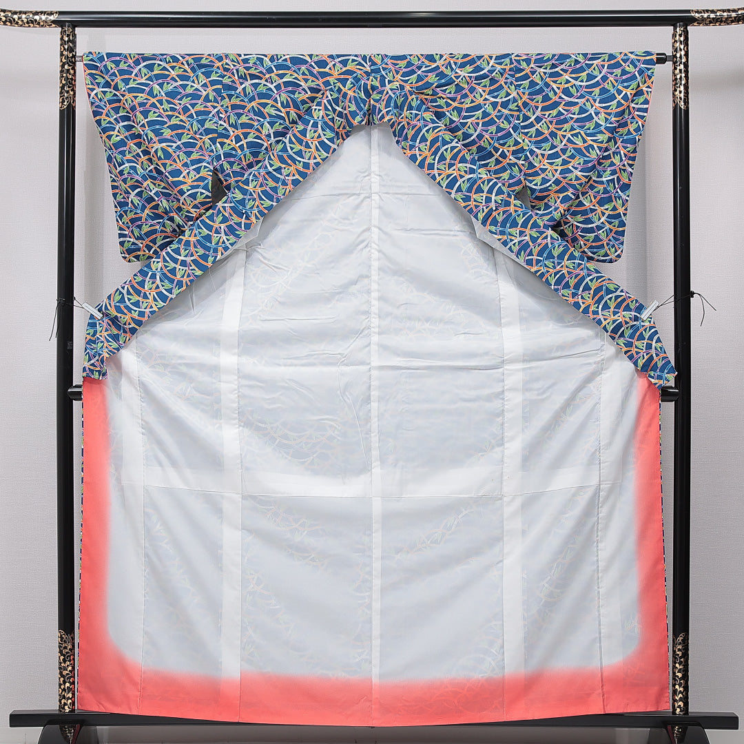 小紋 洗える着物 袷 身丈163cm 裄丈64cm ポリエステル Sランク Lサイズ 広衿 インフォーマル 竹 笹 青系 1215-15793