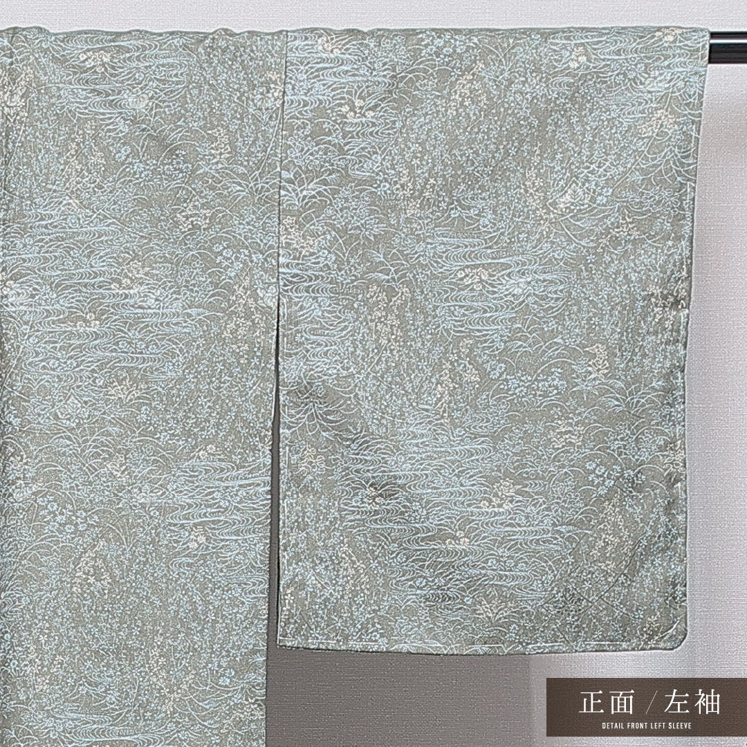 未使用品 洗える着物 小紋 袷 身丈164cm 裄丈64cm ポリエステル Nランク インフォーマル 広衿 Lサイズ 観世水 花柄 緑系 RP 1221-16061
