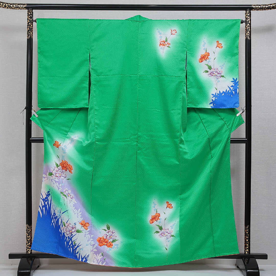 洗える着物 付下げ 袷 身丈162cm 裄丈66cm ポリエステル Aランク インフォーマル 広衿 Lサイズ 花柄 緑系 HP 1218-16399