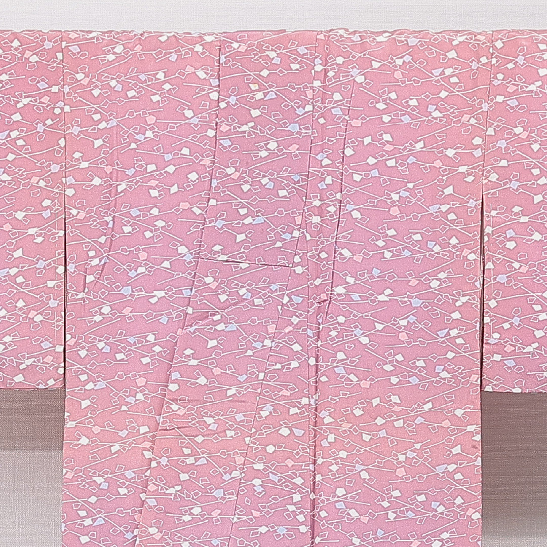小紋 洗える着物 袷 身丈161cm 裄丈61cm ポリエステル Cランク Lサイズ 広衿 インフォーマル 抽象柄 ピンク系 1215-15804