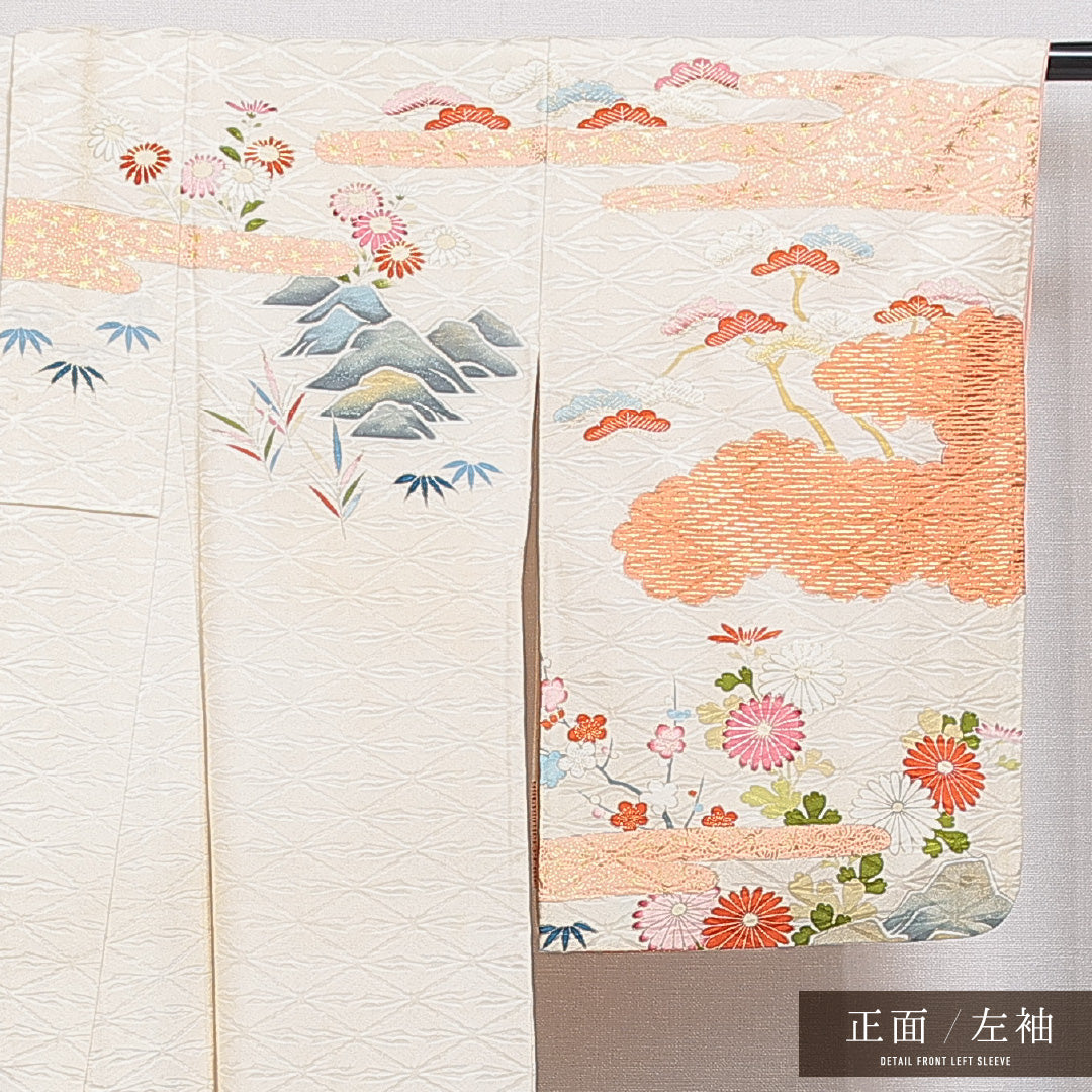 訪問着 袷 身丈166cm 裄丈64cm 正絹 Cランク セミフォーマル 広衿 XLサイズ 紋意匠 金彩 金駒刺繍 対い鶴 風景柄 菊 古典的 重厚感 クリーム系 RP 1217-15975
