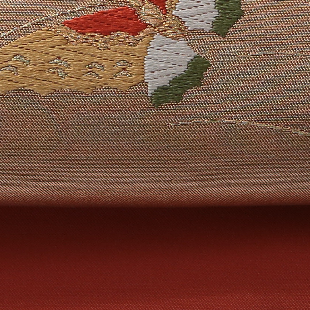 アンティーク 九寸名古屋帯 帯丈366cm カジュアル 名古屋仕立て ポイント柄 Dランク 正絹 蝶 朱系 金系 1224-03521