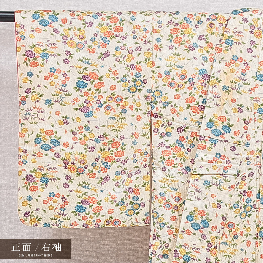 小紋 袷 身丈154cm 裄丈62cm 正絹 Cランク インフォーマル 広衿 Sサイズ 菊 牡丹 クリーム系 LP 1221-16023