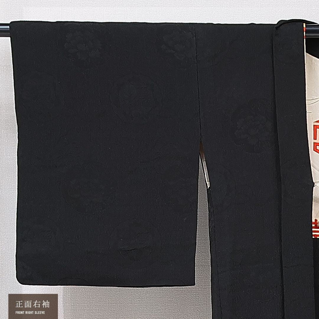 黒羽織 袷 身丈81cm 裄丈62cm 正絹 Aランク 一つ紋 (五三桐) 紋意匠 (雪輪) セミフォーマル Sサイズ 紐あり 無地 黒系 RP 1233-15303
