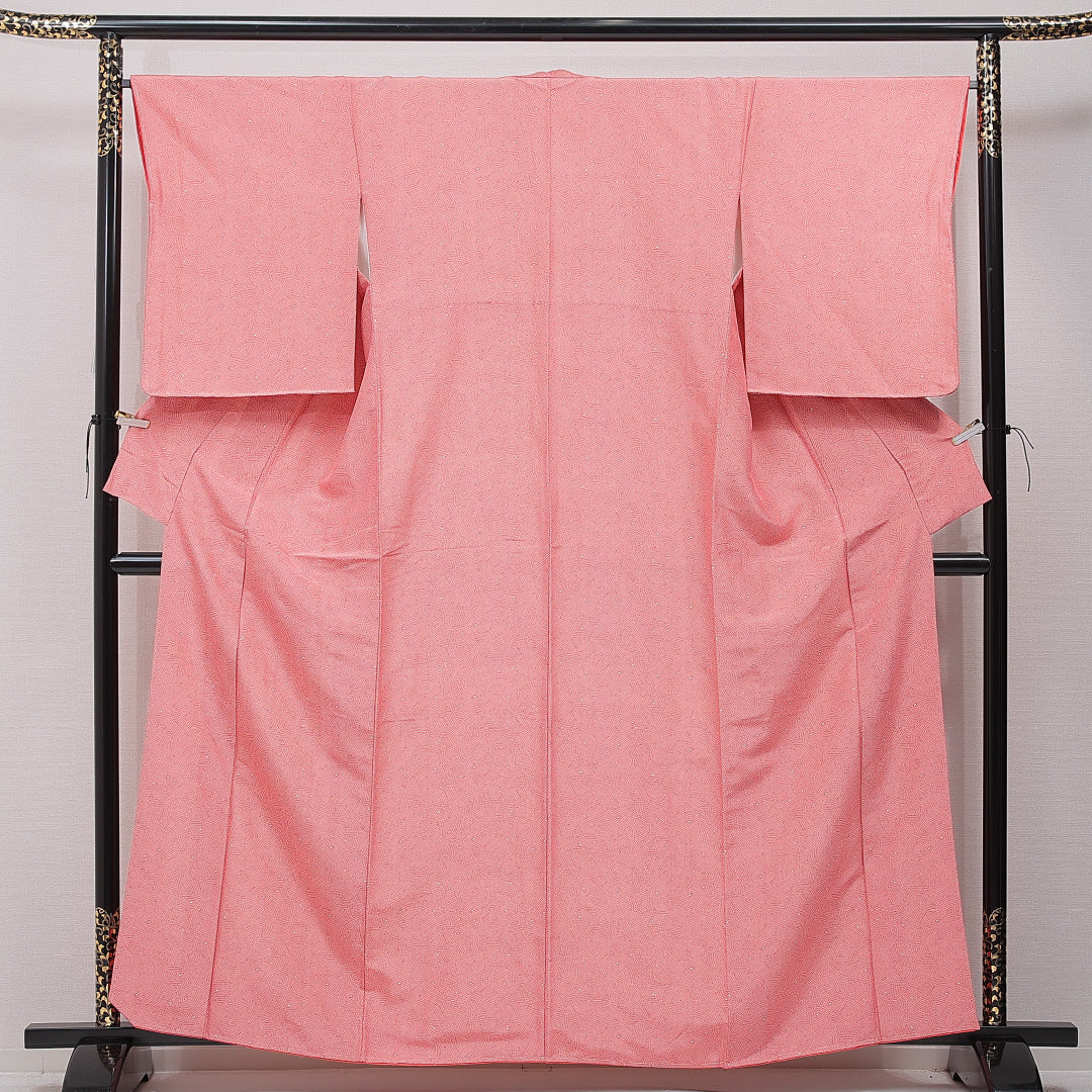 新古品 江戸小紋 袷 身丈160cm 裄丈66cm 正絹 Nランク Lサイズ 広衿 インフォーマル 創作柄 赤系 1262-15359