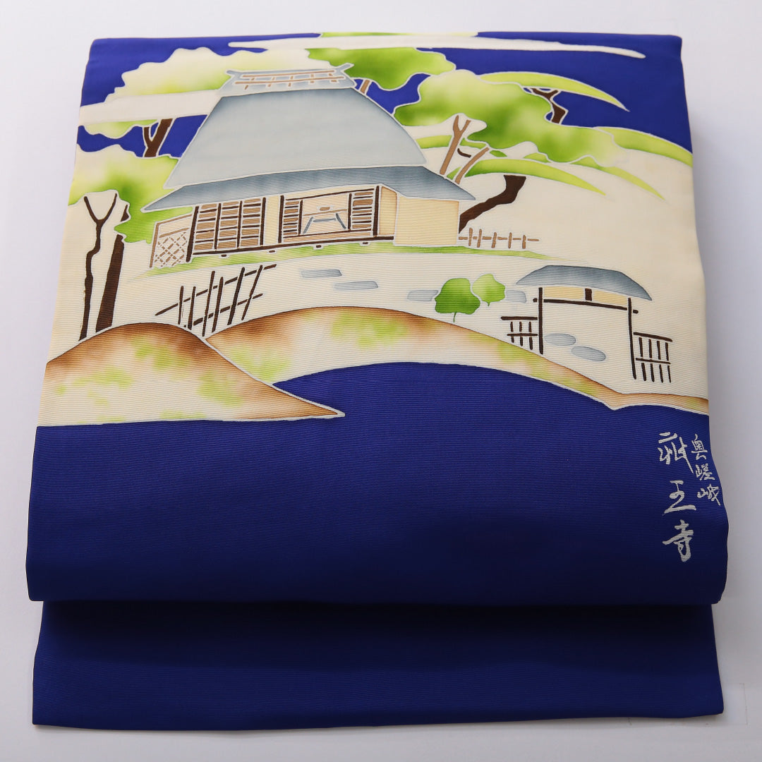 九寸名古屋帯 帯丈381cm カジュアル 名古屋仕立て ポイント柄 Bランク 正絹 染め帯 塩瀬 風景柄 青系 1224-03494