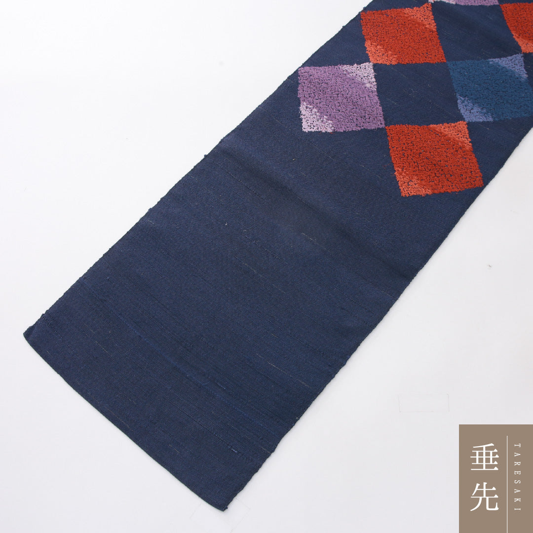 八寸名古屋帯 Aランク 帯丈345cm 正絹 ポイント柄 名古屋仕立て 織り カジュアル 紬 菱 紺系 RP 1245-04042