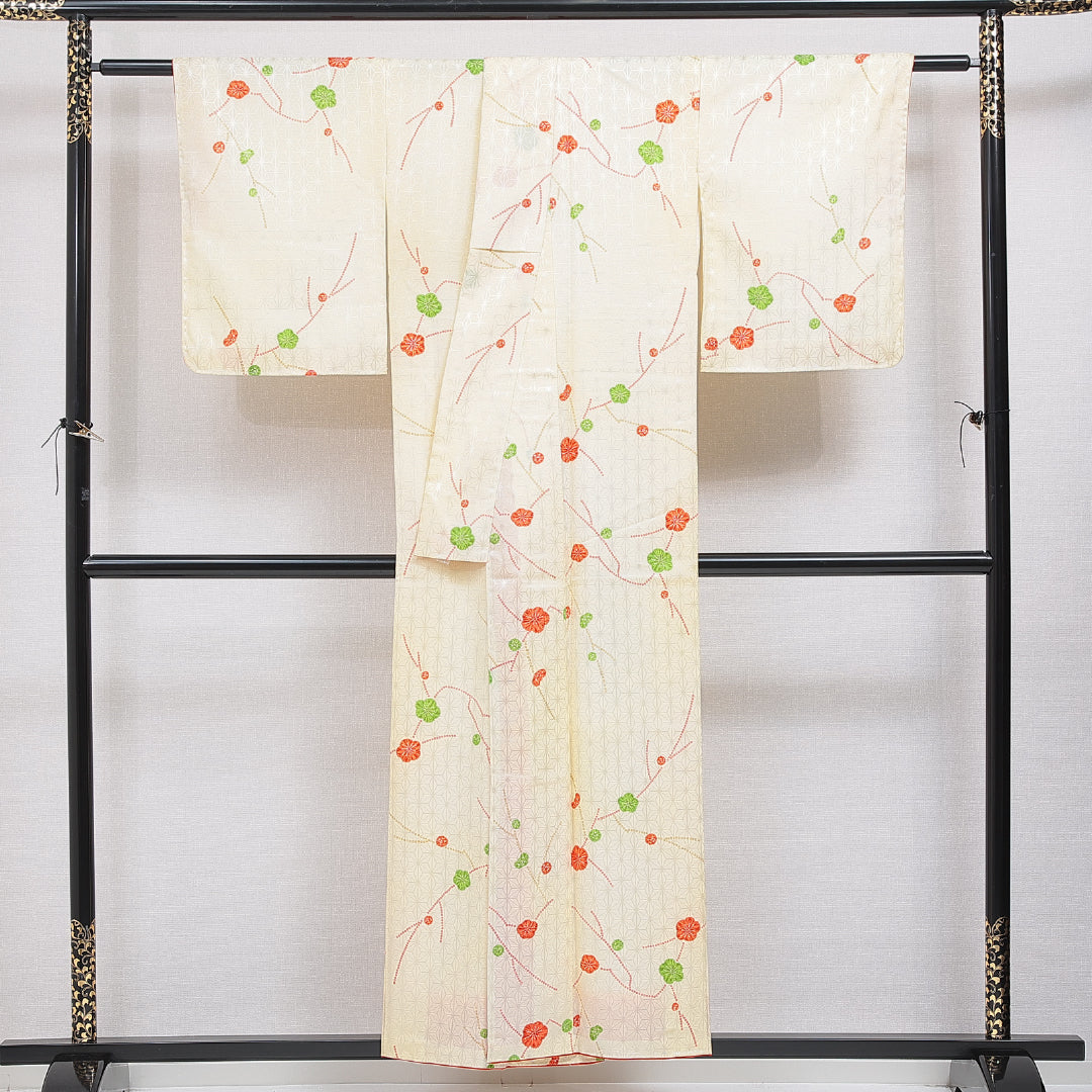 洗える着物 小紋 袷 身丈153cm 裄丈62cm ポリエステル Aランク インフォーマル 広衿 Sサイズ 麻の葉 梅 黄系 RP 1221-16348
