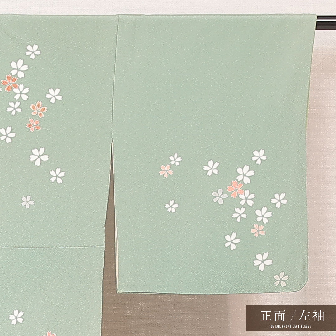 訪問着 袷 身丈159cm 裄丈65cm 正絹 Aランク Mサイズ 広衿 セミフォーマル 鶴 桜 緑系 1212-16892