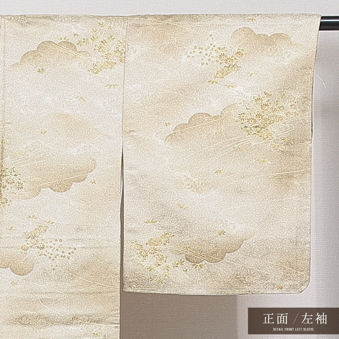 洗える着物 小紋 袷 身丈156cm 裄丈62cm ポリエステル Sランク インフォーマル 広衿 Mサイズ 唐草 古典柄 ベージュ系 RP 1221-15844