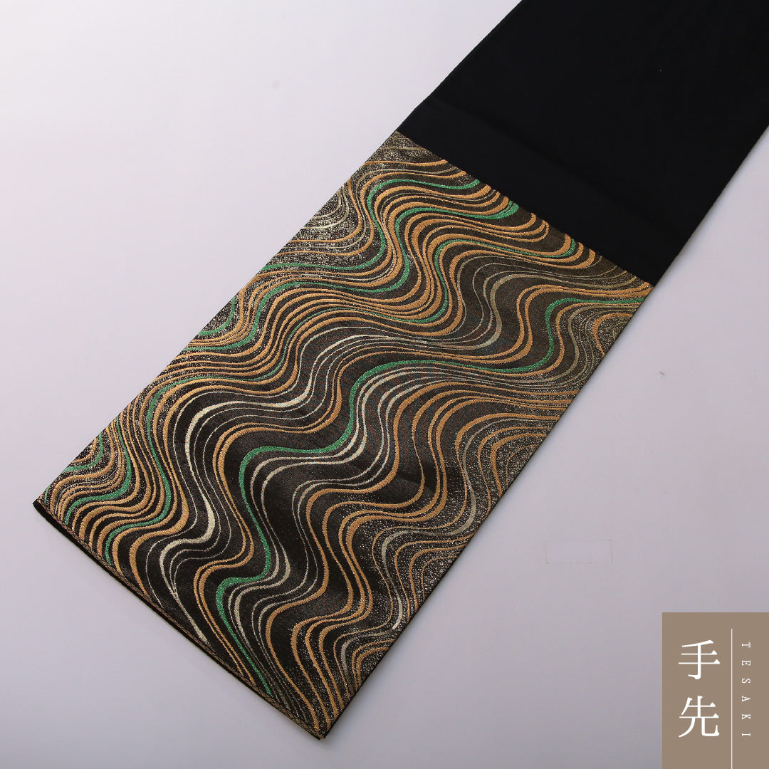 袋帯 帯丈442cm フォーマル 六通 Sランク 正絹 流水 金系 1223-01985