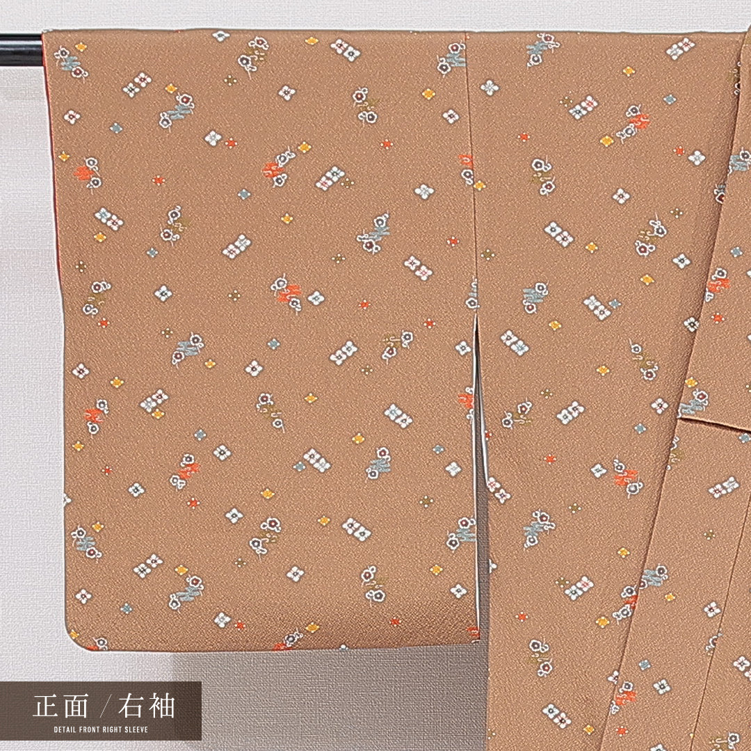 小紋 袷 身丈156cm 裄丈62cm 正絹 Sランク インフォーマル バチ衿 Mサイズ 花菱 梅 茶系 RP 1221-15889