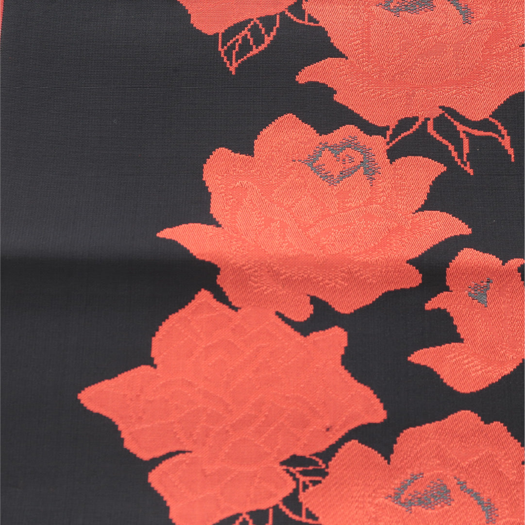 八寸名古屋帯 帯丈388cm カジュアル 開き仕立て 全通 Sランク 正絹 綴れ織 薔薇 黒系 1224-04184