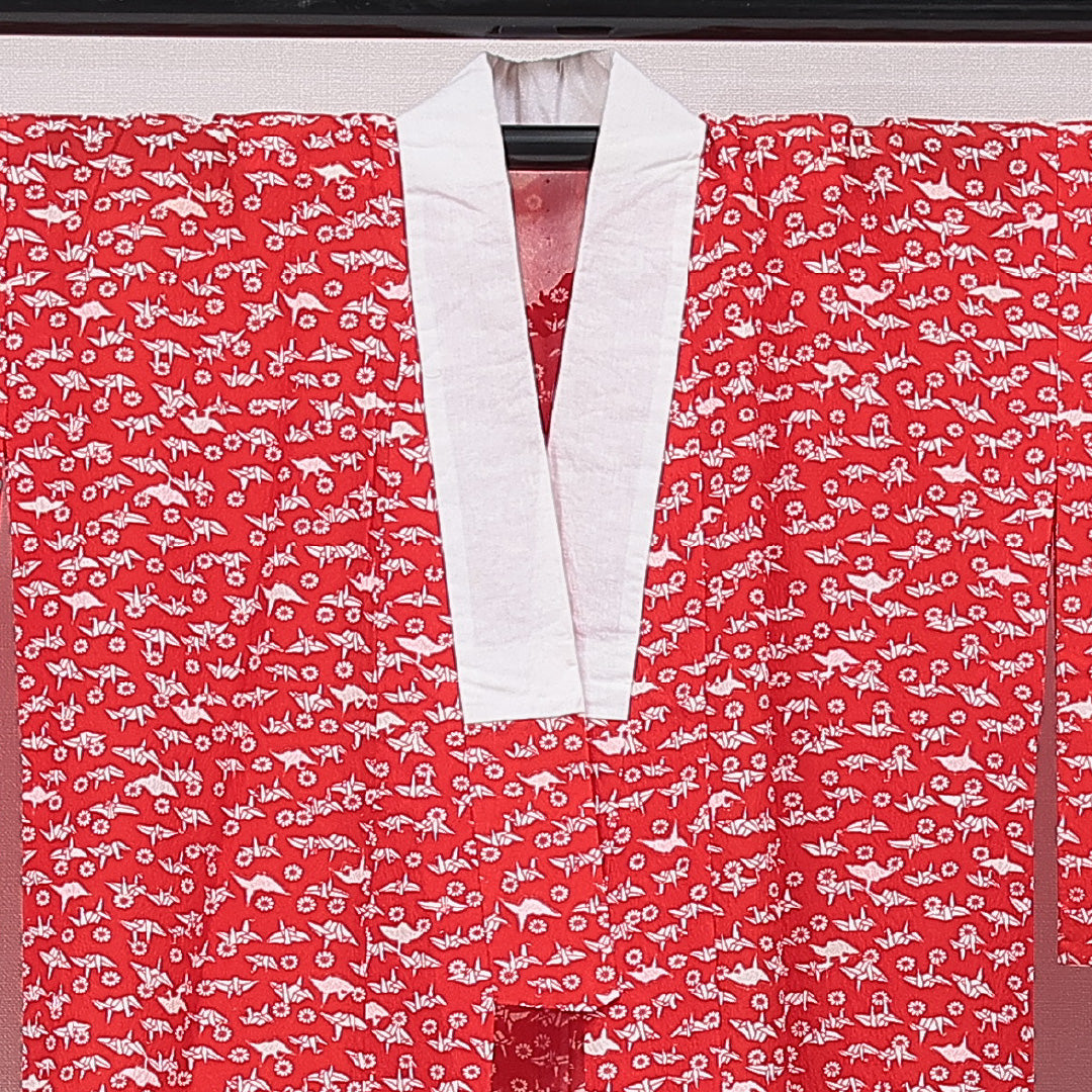 長襦袢 単衣 身丈125cm 裄丈63cm 正絹 Aランク Mサイズ バチ衿 肩当て 鶴 赤系 1229-15673