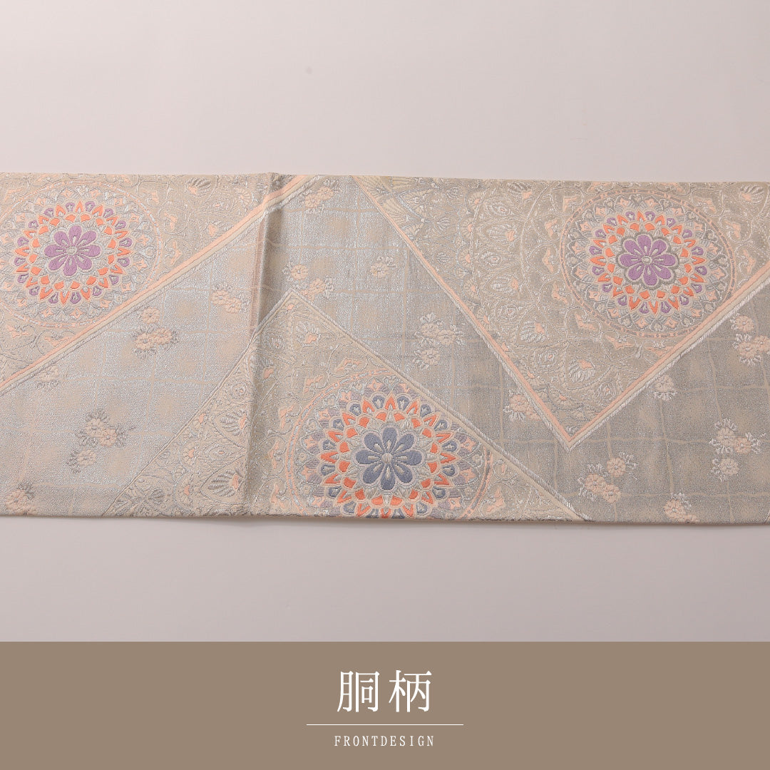 袋帯 帯丈428cm フォーマル 六通 未仕立て Aランク 正絹 唐草華文 扇 銀系 1223-01889