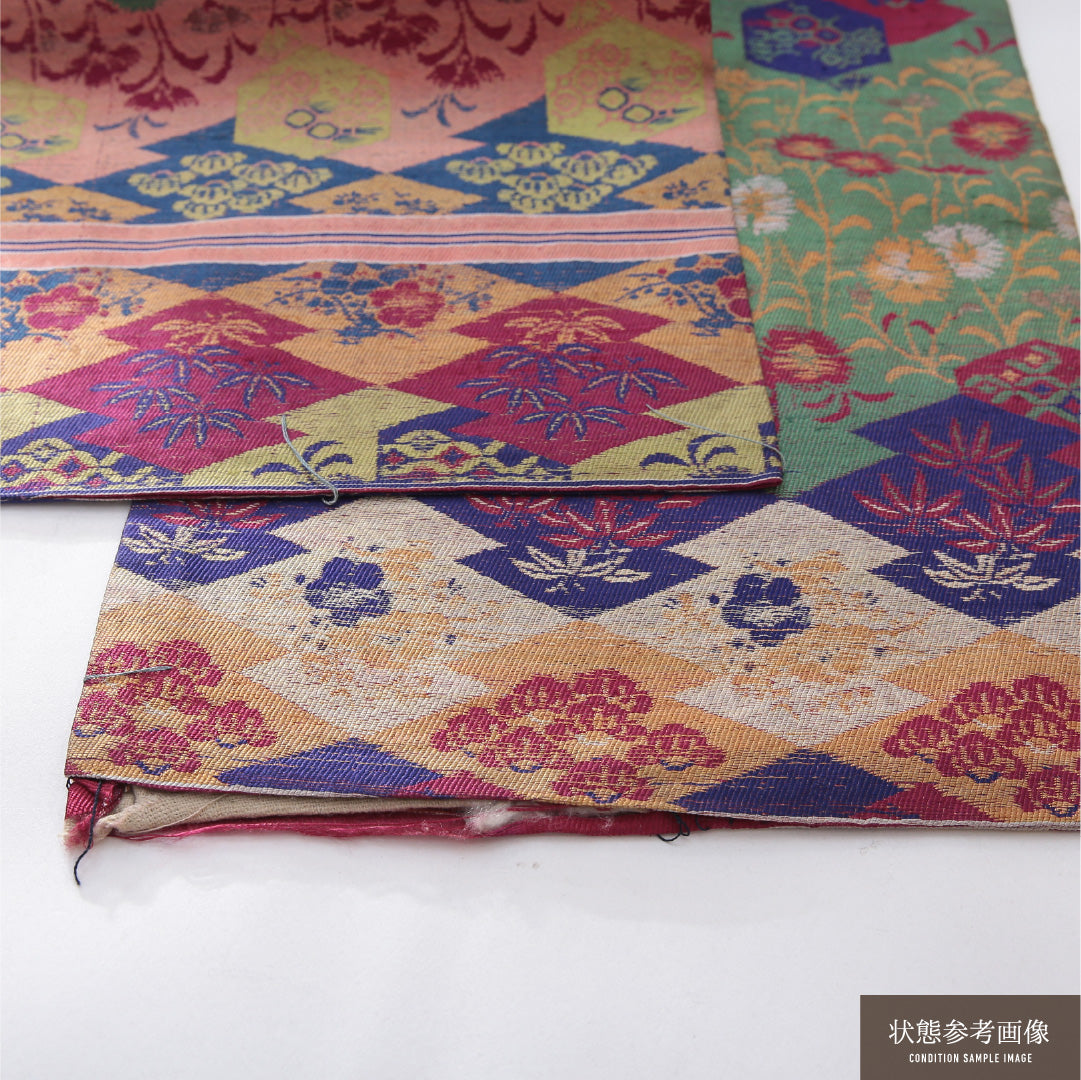 アンティーク 九寸名古屋帯 帯丈376cm 開き仕立て 全通 Dランク 正絹 蒲公英 吉祥文様 多色系 1224-03884