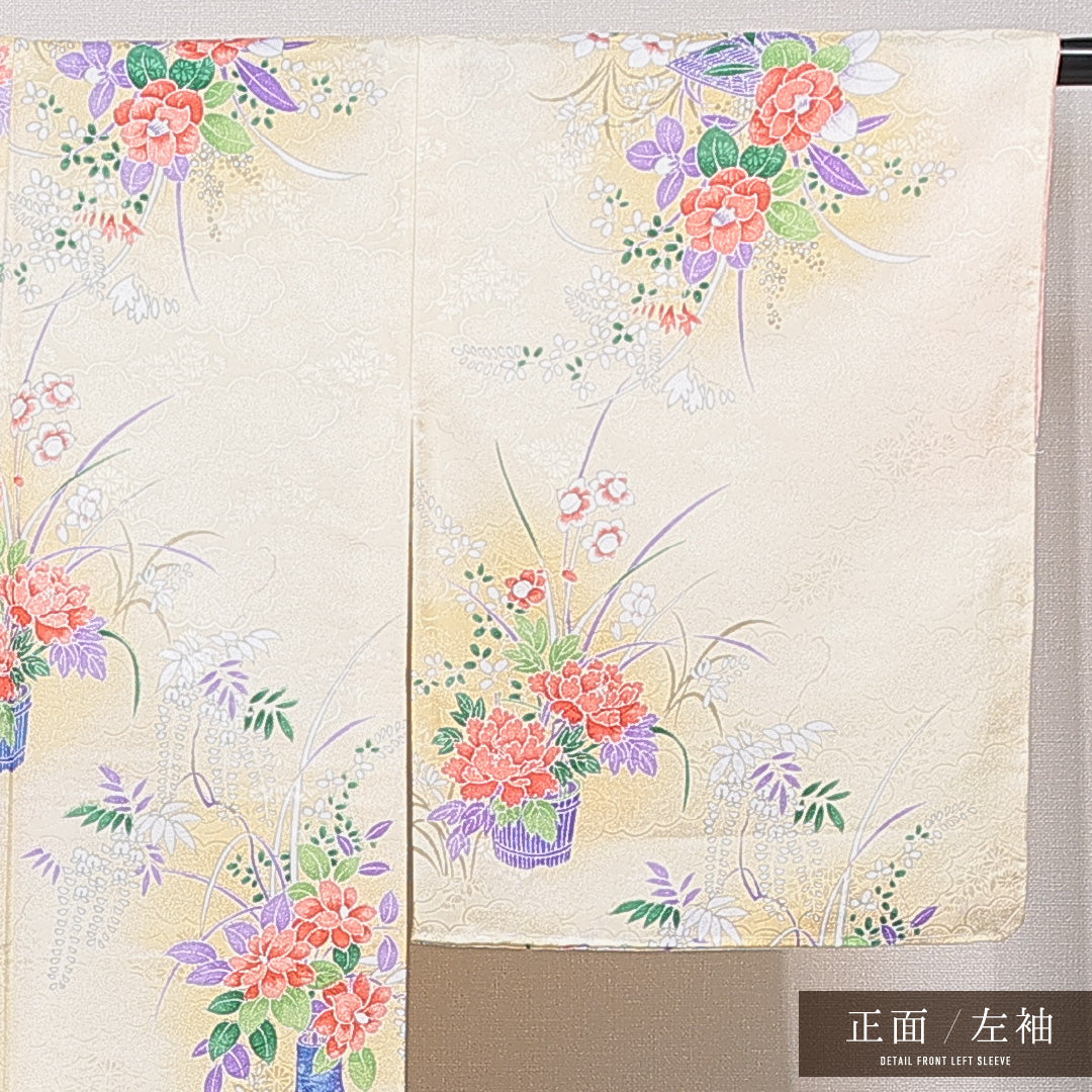 小紋 洗える着物 袷 身丈158cm 裄丈63cm ポリエステル Sランク Mサイズ 広衿 インフォーマル 椿 黄系 1215-15809