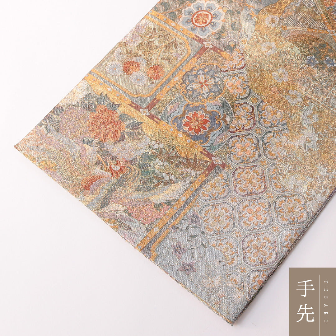 袋帯 帯丈456cm 正絹 全通 リバーシブル フォーマル 鏡裏文 格天井 金系 グレー系 1243-01842