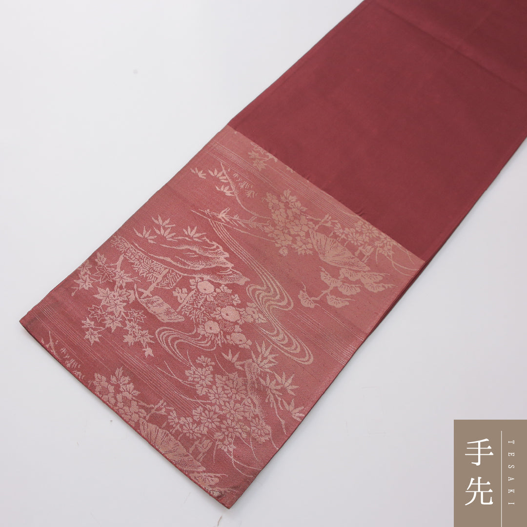 袋帯 帯丈404cm 正絹 六通 帯芯なし セミフォーマル 茶屋辻 赤系 1243-02312