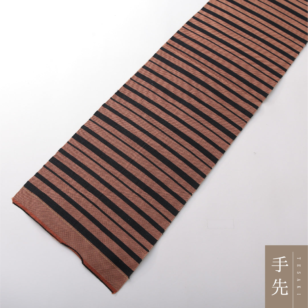 八寸名古屋帯 帯丈340cm カジュアル 開き仕立て 全通 未仕立て Sランク 正絹 博多織 縞 朱系 1224-03821