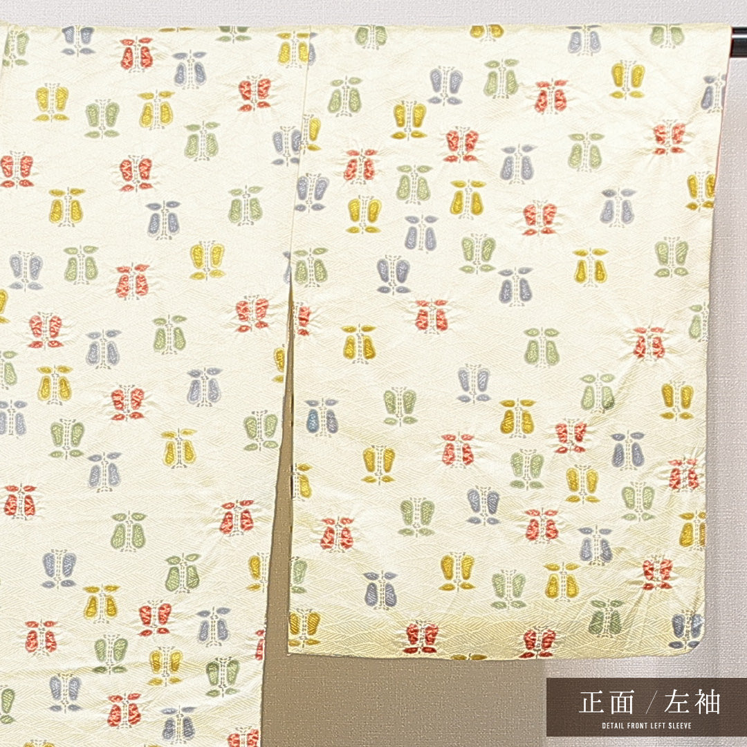 小紋 袷 身丈158cm 裄丈64cm 正絹 Cランク インフォーマル 広衿 Mサイズ 花柄 黄系 HP 1221-15550