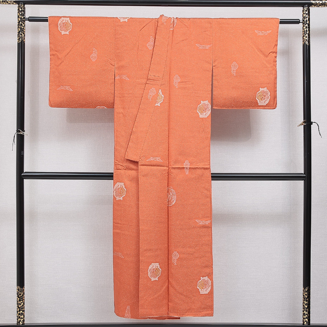 アンティーク お召 袷 身丈146cm 裄丈62cm 正絹 Aランク XSサイズ バチ衿 創作柄 朱系 1265-15974