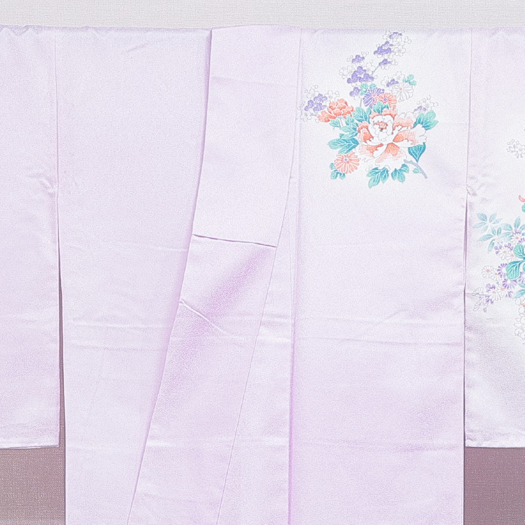 訪問着 洗える着物 袷 身丈164cm 裄丈64cm ポリエステル Aランク Lサイズ 広衿 セミフォーマル 熨斗 牡丹 紫系 1212-16213