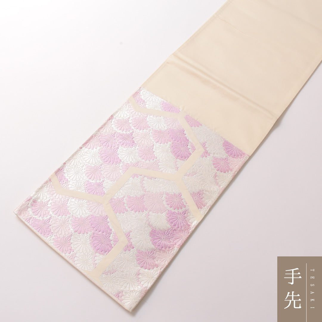 袋帯 帯丈430cm 正絹 六通 セミフォーマル 青海波 菊 白系 ピンク系 1243-01869
