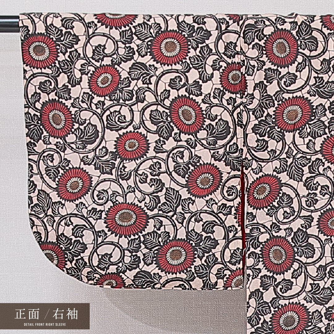 小紋 袷 身丈148cm 裄丈64cm 正絹 Cランク インフォーマル バチ衿 XSサイズ 唐菊 ピンク系 LP 1221-15202