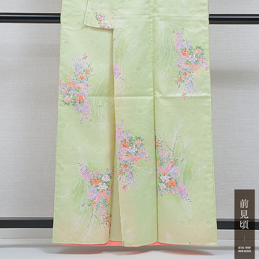 小紋 洗える着物 袷 身丈158cm 裄丈64cm ポリエステル Cランク Mサイズ 広衿 インフォーマル 花喰鳥 緑系 1215-16058