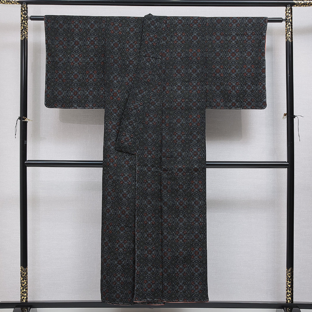 小紋 袷 身丈151cm 裄丈62cm 正絹 Sランク インフォーマル 広衿 Sサイズ 花柄 紺系 RP 1221-15936