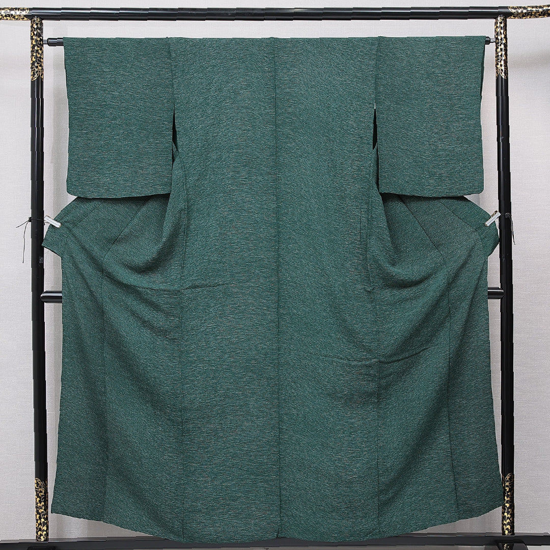 小紋 単衣 身丈159cm 裄丈63cm 正絹 Sランク Mサイズ バチ衿 インフォーマル 肩当て ちりめん 無地 緑系 1215-15680