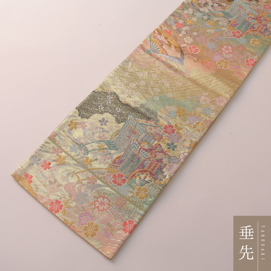 袋帯 帯丈440cm フォーマル 六通 Sランク 正絹 花車 桜 金系 多色系 1223-01891