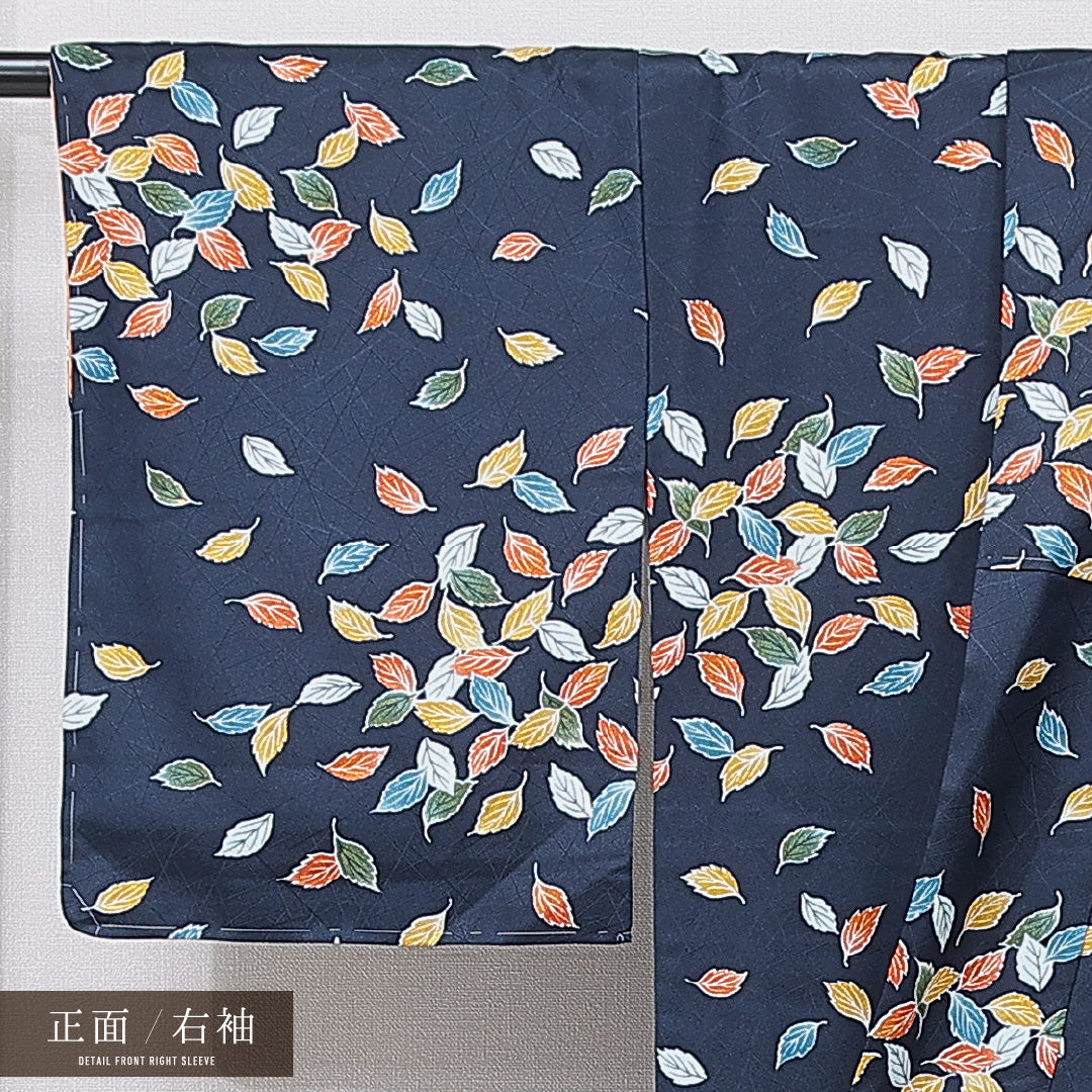 洗える着物 小紋 袷 身丈163cm 裄丈63cm ポリエステル Sランク インフォーマル 広衿 Lサイズ 植物柄 紺系 RP 1221-15816