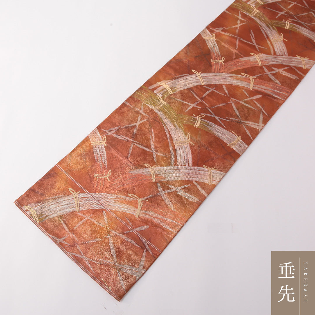 袋帯 帯丈428cm 正絹 六通 セミフォーマル 光悦垣 ピンク系 朱系 1243-01775
