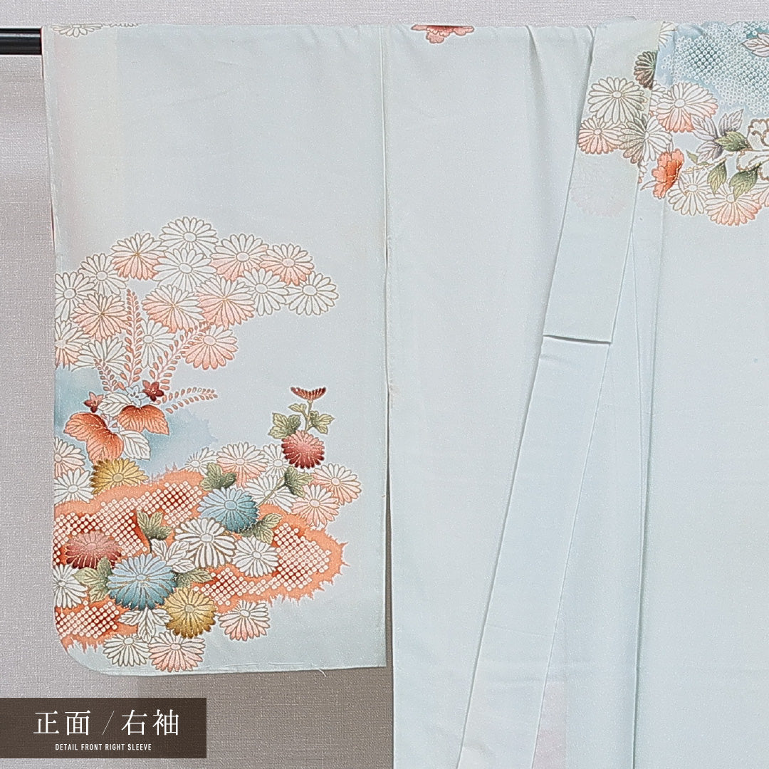 訪問着 洗える着物 袷 身丈160cm 裄丈64cm ポリエステル Cランク Lサイズ バチ衿 セミフォーマル 菊 桐 刺繍 水色系 1212-16096