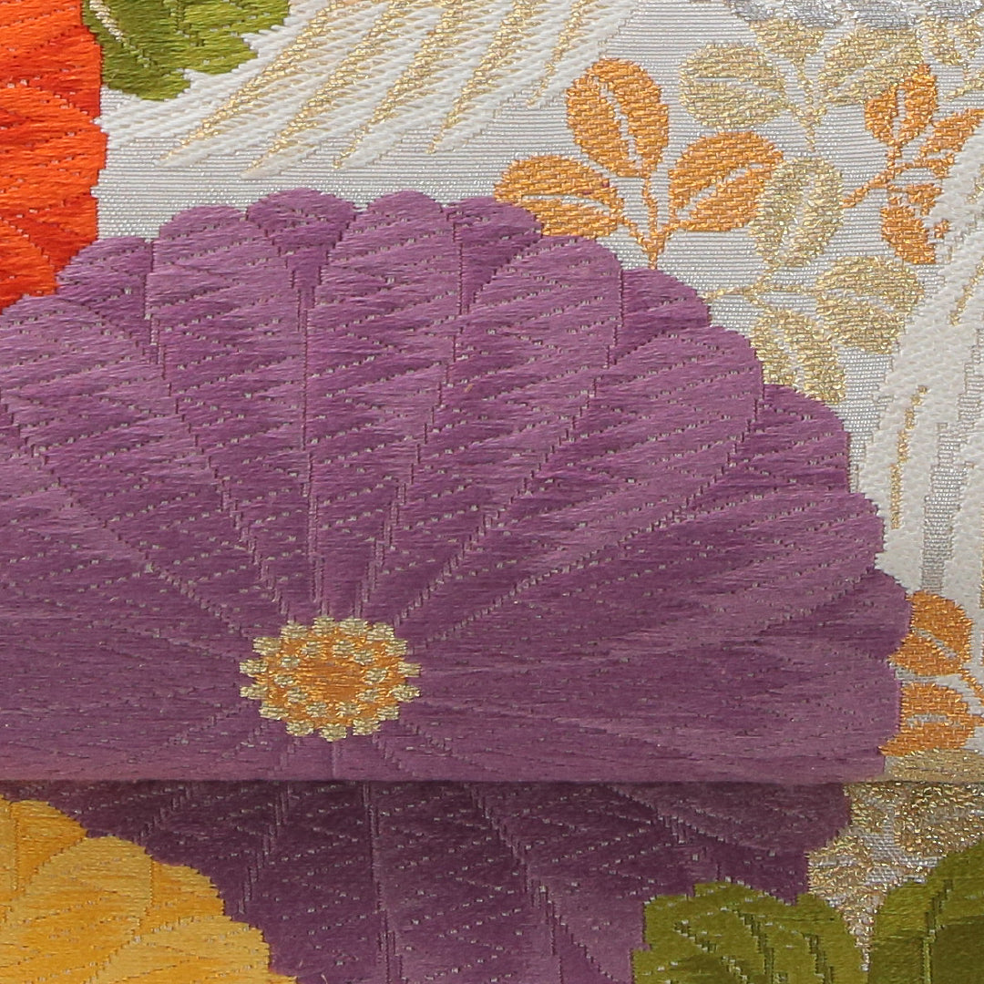 袋帯 帯丈424cm 正絹 六通 フォーマル 唐織 花喰鳥 菊 クリーム系 1243-02310